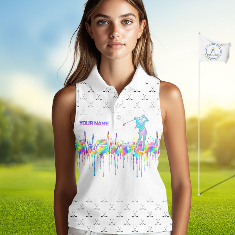Holographic Rainbow Golf Heartbeat Golf Sleeveless Polo Shirt Fot Women Custom White Golf Clubs Team Shirt NYN4442