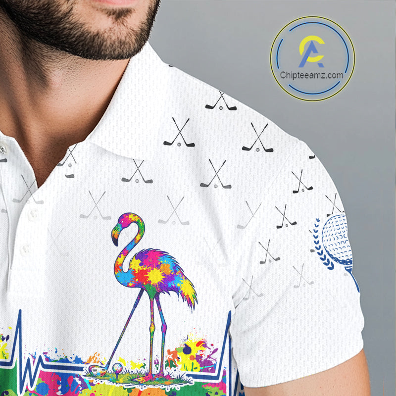 Watercolor Golf Heartbeat Flamingo Golf Polo Shirt For Men Custom White Golf Clubs Team Shirt NYN4443