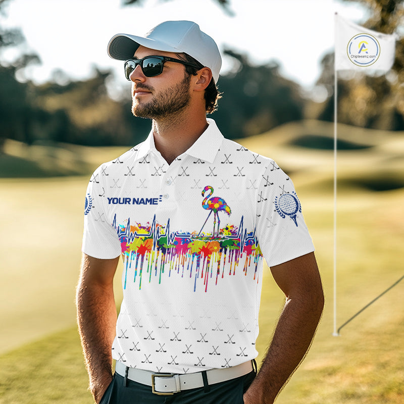 Watercolor Golf Heartbeat Flamingo Golf Polo Shirt For Men Custom White Golf Clubs Team Shirt NYN4443