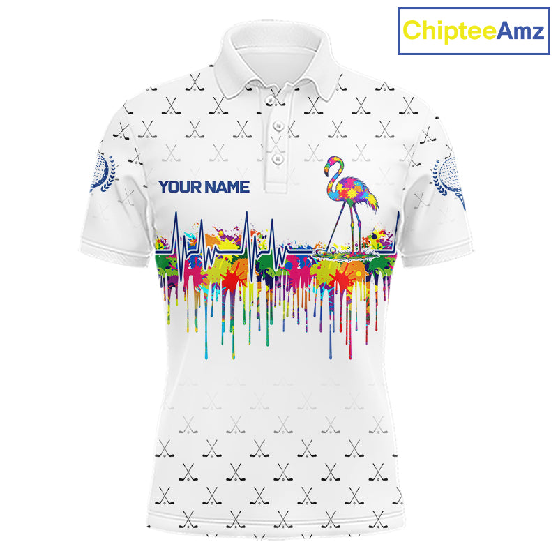 Watercolor Golf Heartbeat Flamingo Golf Polo Shirt For Men Custom White Golf Clubs Team Shirt NYN4443