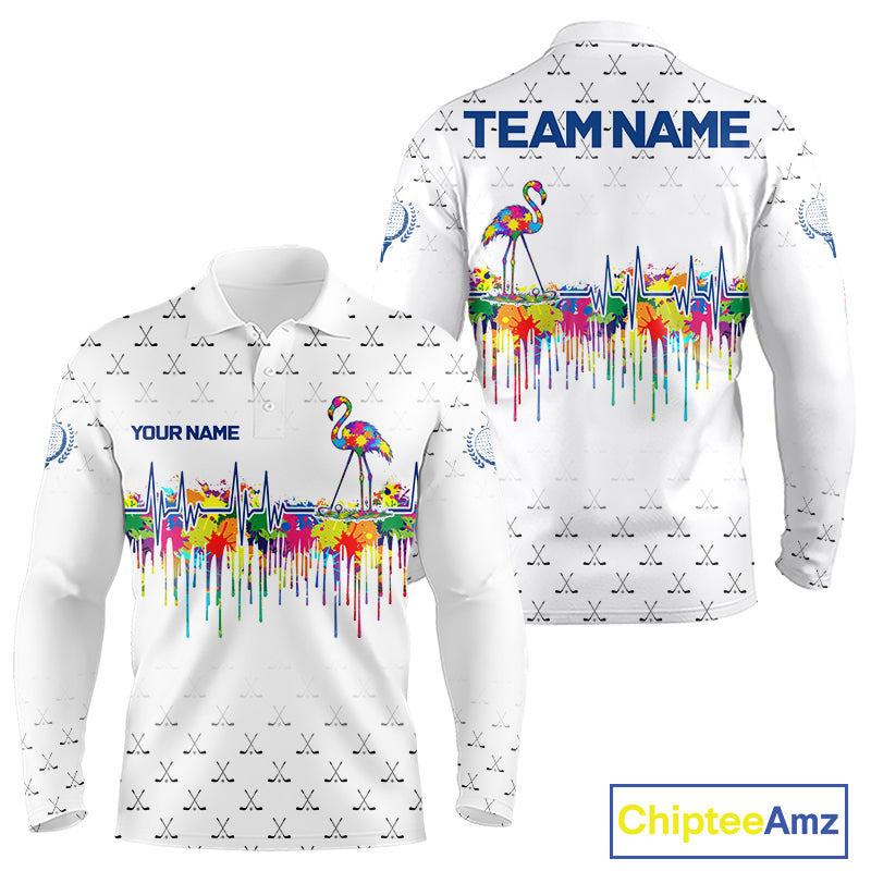 Watercolor Golf Heartbeat Flamingo Golf Polo Shirt For Men Custom White Golf Clubs Team Shirt NYN4443