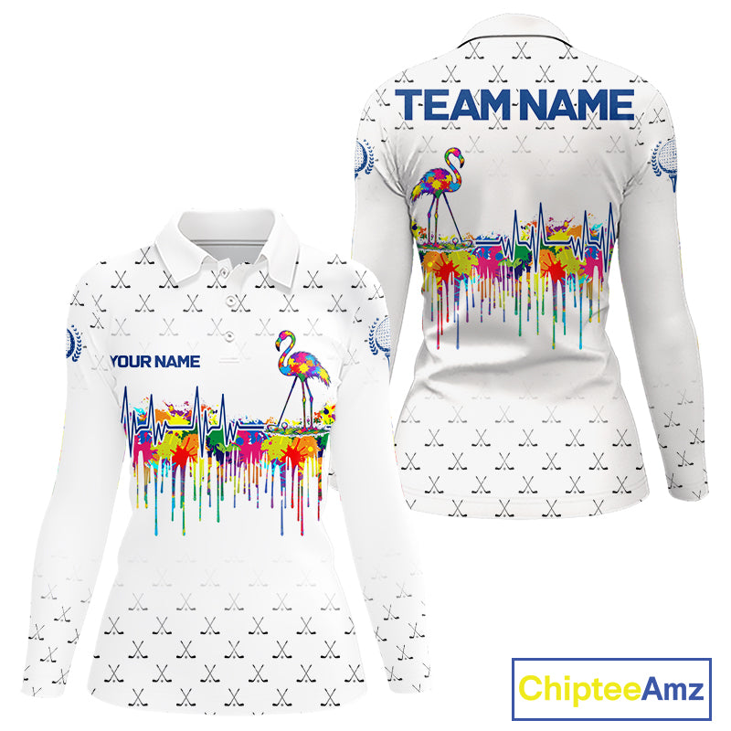Watercolor Golf Heartbeat Flamingo Golf Polo Shirt For Women Custom White Golf Clubs Team Shirt NYN4443