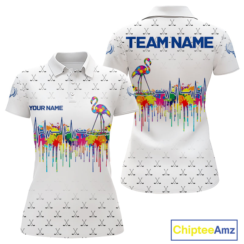 Watercolor Golf Heartbeat Flamingo Golf Polo Shirt For Women Custom White Golf Clubs Team Shirt NYN4443