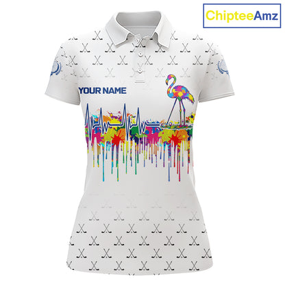 Watercolor Golf Heartbeat Flamingo Golf Polo Shirt For Women Custom White Golf Clubs Team Shirt NYN4443