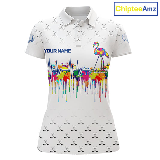 Watercolor Golf Heartbeat Flamingo Golf Polo Shirt For Women Custom White Golf Clubs Team Shirt NYN4443