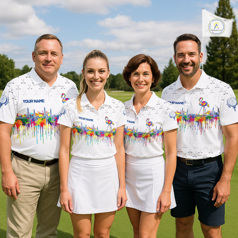 Watercolor Golf Heartbeat Flamingo Golf Polo Shirt For Men Custom White Golf Clubs Team Shirt NYN4443