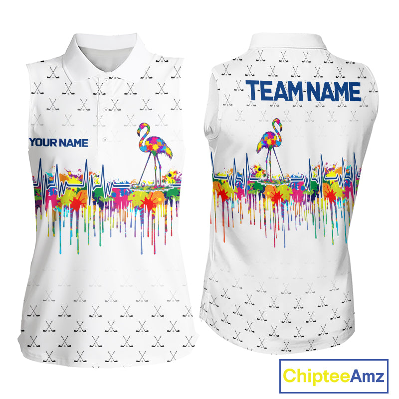 Watercolor Golf Heartbeat Flamingo Golf Sleeveless Polo Shirt For Women Custom White Golf Clubs Team Shirt NYN4443