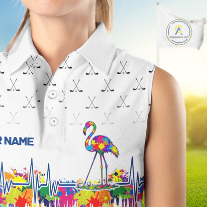 Watercolor Golf Heartbeat Flamingo Golf Sleeveless Polo Shirt For Women Custom White Golf Clubs Team Shirt NYN4443