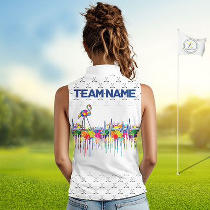 Watercolor Golf Heartbeat Flamingo Golf Sleeveless Polo Shirt For Women Custom White Golf Clubs Team Shirt NYN4443
