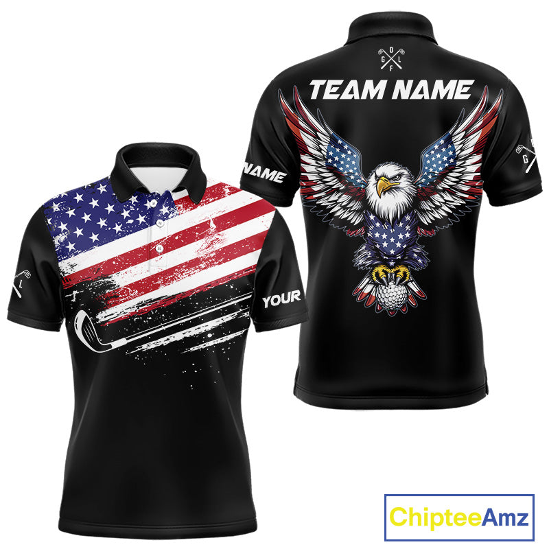 American Flag Eagle Mens Golf Polo Shirts Custom Patriotic Team Golf Shirts, Golfer Gifts | Back NYN4444