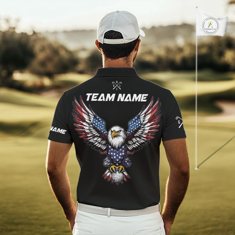 American Flag Eagle Mens Golf Polo Shirts Custom Patriotic Team Golf Shirts, Golfer Gifts | Back NYN4444