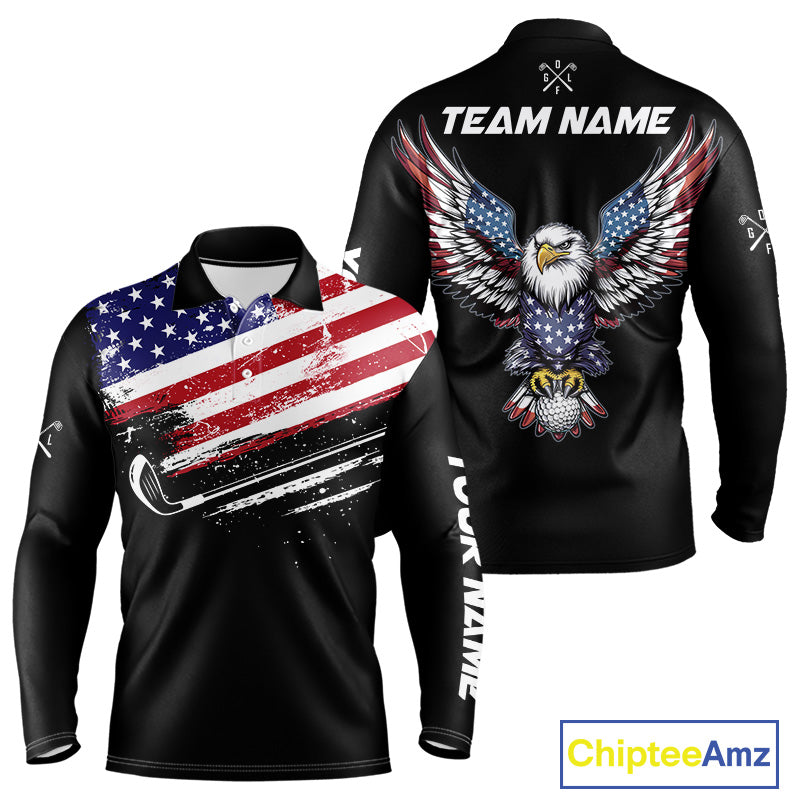 American Flag Eagle Mens Golf Polo Shirts Custom Patriotic Team Golf Shirts, Golfer Gifts | Back NYN4444