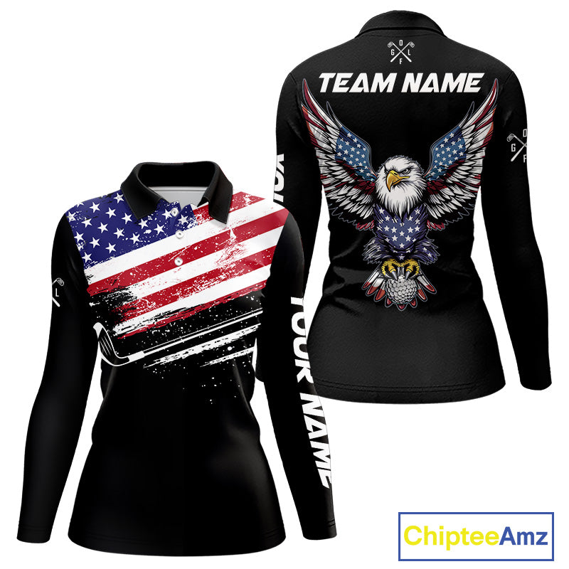 American Flag Eagle Women Golf Polo Shirts Custom Patriotic Team Golf Shirts, Golfer Gifts | Back NYN4444