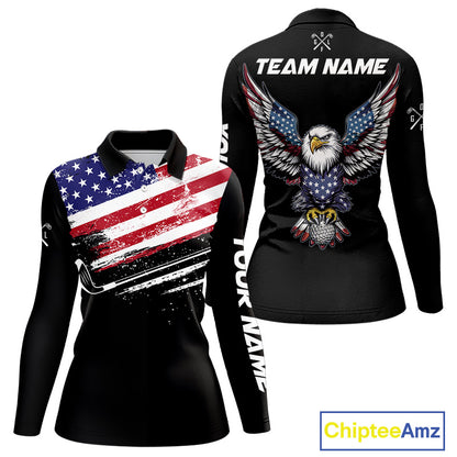 American Flag Eagle Women Golf Polo Shirts Custom Patriotic Team Golf Shirts, Golfer Gifts | Back NYN4444