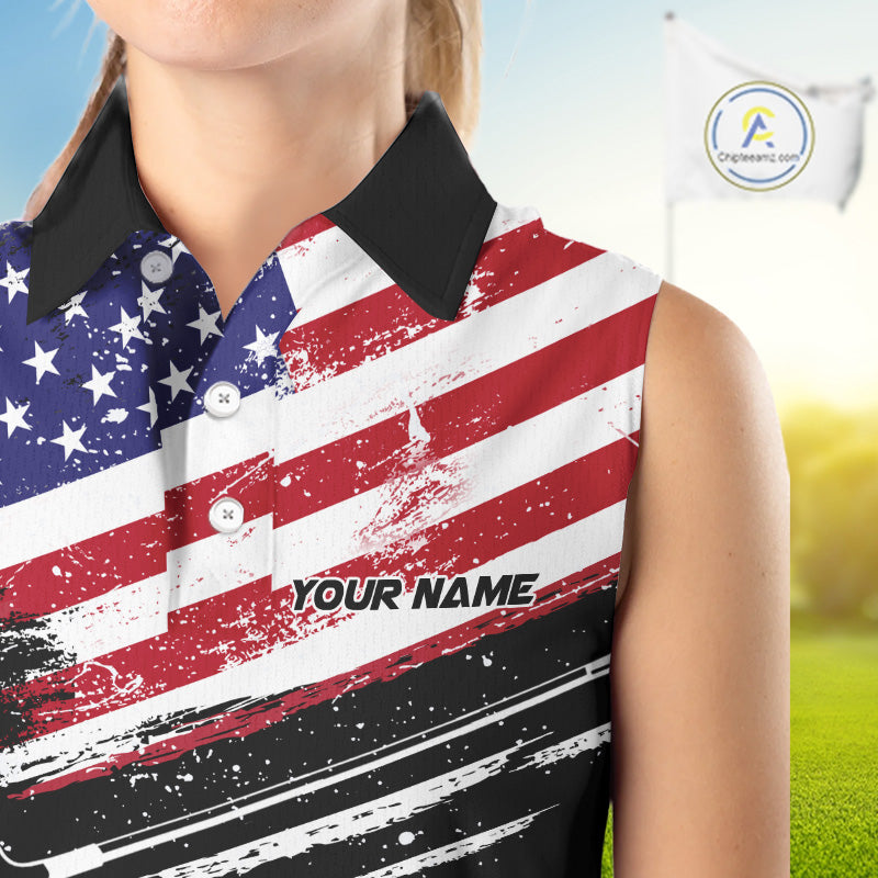 American Flag Eagle Women Golf Sleeveless Polo Shirts Custom Patriotic Team Golf Shirts, Golfer Gifts | Back NYN4444