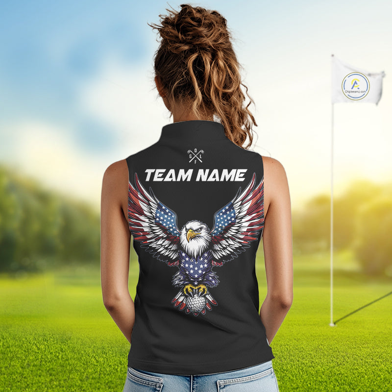 American Flag Eagle Women Golf Sleeveless Polo Shirts Custom Patriotic Team Golf Shirts, Golfer Gifts | Back NYN4444