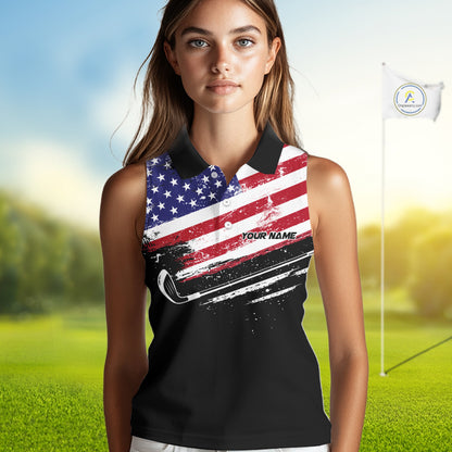 American Flag Eagle Women Golf Sleeveless Polo Shirts Custom Patriotic Team Golf Shirts, Golfer Gifts | Back NYN4444