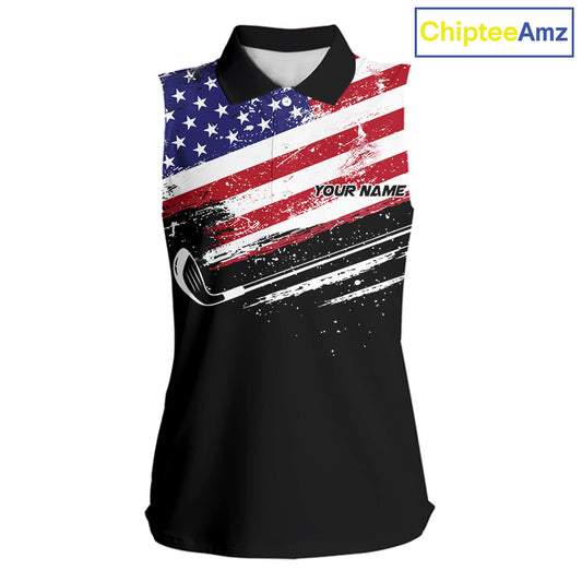 American Flag Eagle Women Golf Sleeveless Polo Shirts Custom Patriotic Team Golf Shirts, Golfer Gifts | Back NYN4444