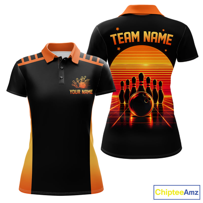 Personalized Sunset Bowling Polo 1/4-Zip For Women Custom Retro Orange Bowling Tournament Team Shirt NYN4831