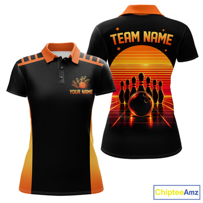 Personalized Sunset Bowling Polo 1/4-Zip For Women Custom Retro Orange Bowling Tournament Team Shirt NYN4831