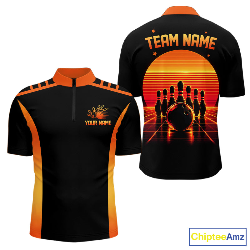 Personalized Sunset Bowling Polo 1/4-Zip For Men Custom Retro Orange Bowling Tournament Team Shirt NYN4831