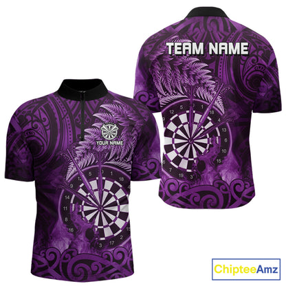 Personalized Fern Leaves Purple Fire Tribal Dart Quarter-Zip Shirts For Men Dart Team Jerseys NYN2191