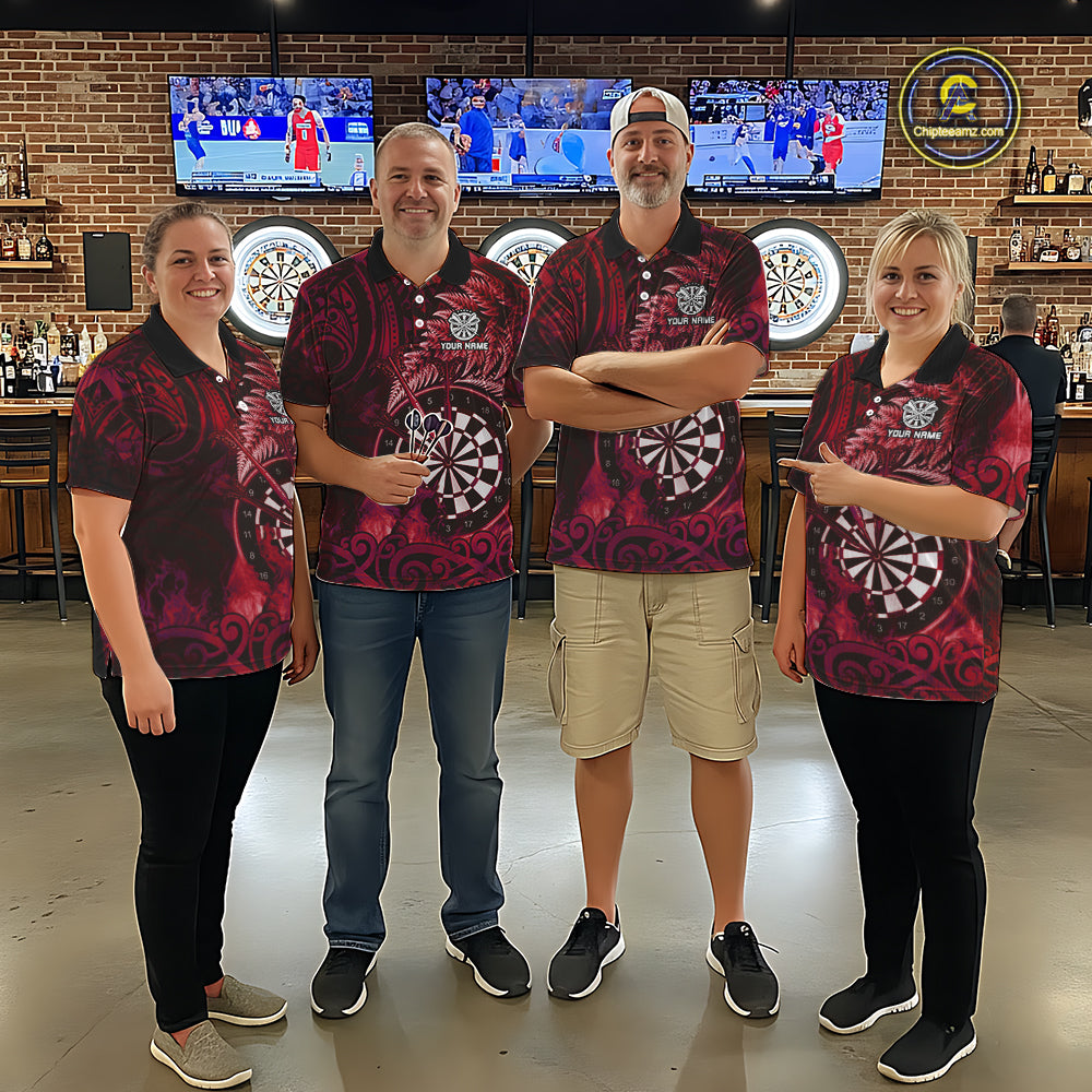 Personalized Fern Leaves Red Fire Tribal Dart Polo Shirts For Women Dart Team Jerseys NYN2192