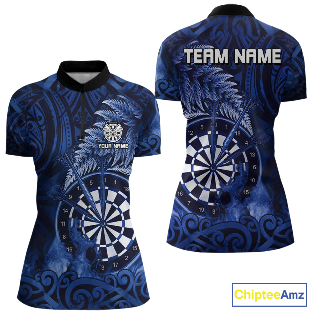 Personalized Fern Leaves Blue Fire Tribal Dart Quarter-Zip Shirts For Women Dart Team Jerseys NYN2193