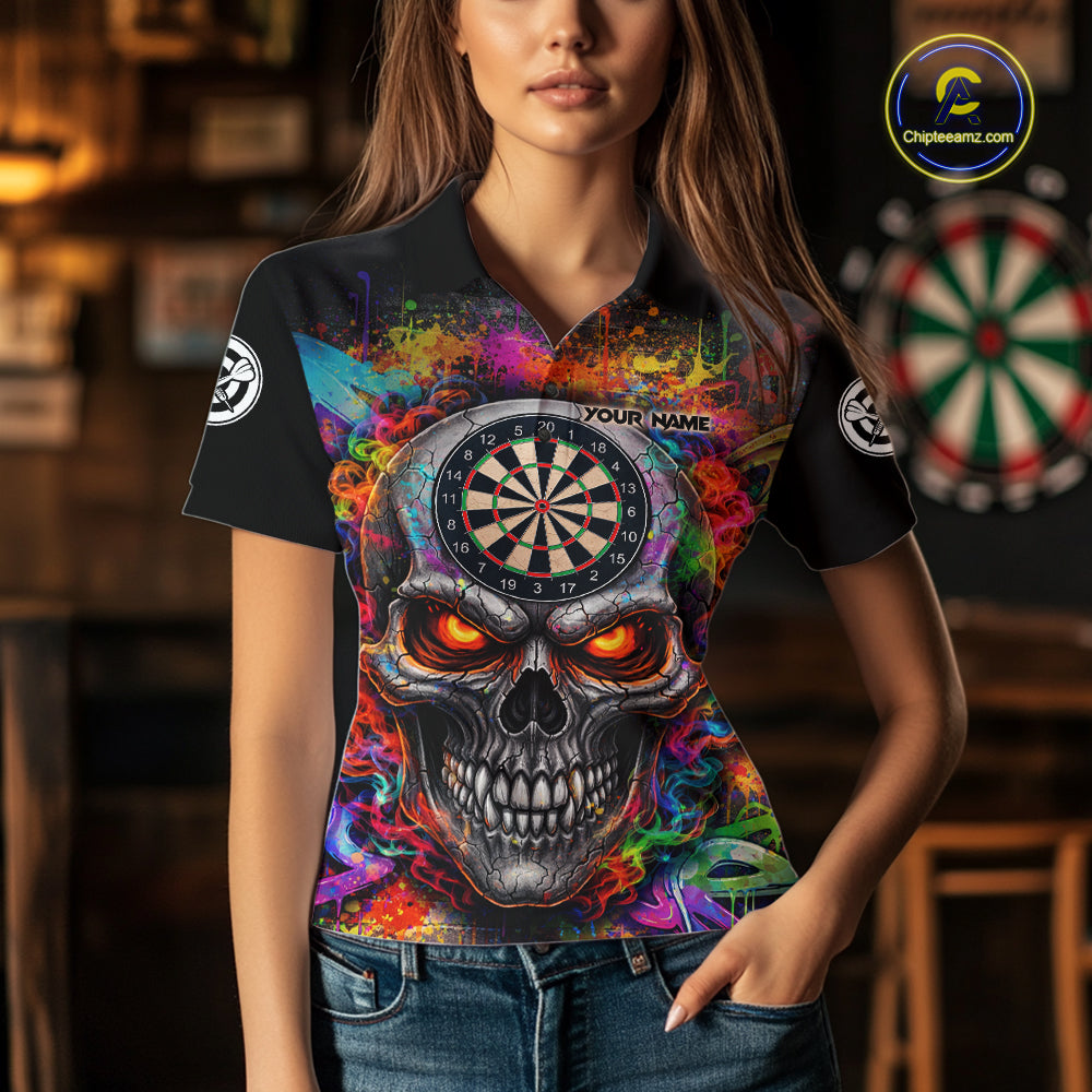 Colorful Smoke Cracked Skull Dartboard Dart Polo Shirts For Women Custom Splatter Dart Team Shirts NYN2682