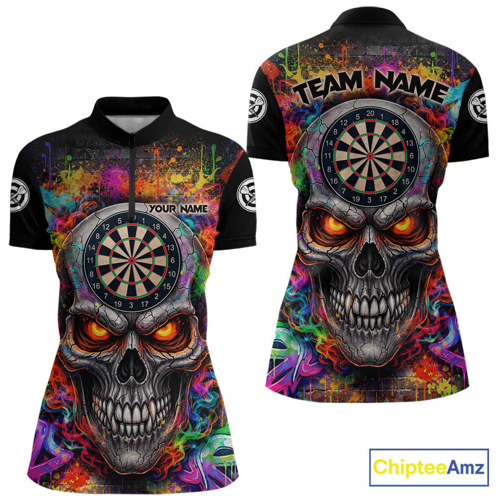 Colorful Smoke Cracked Skull Dartboard Dart 1/4-Zip Shirts For Women Custom Splatter Dart Team Shirts NYN2682