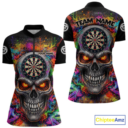 Colorful Smoke Cracked Skull Dartboard Dart 1/4-Zip Shirts For Women Custom Splatter Dart Team Shirts NYN2682