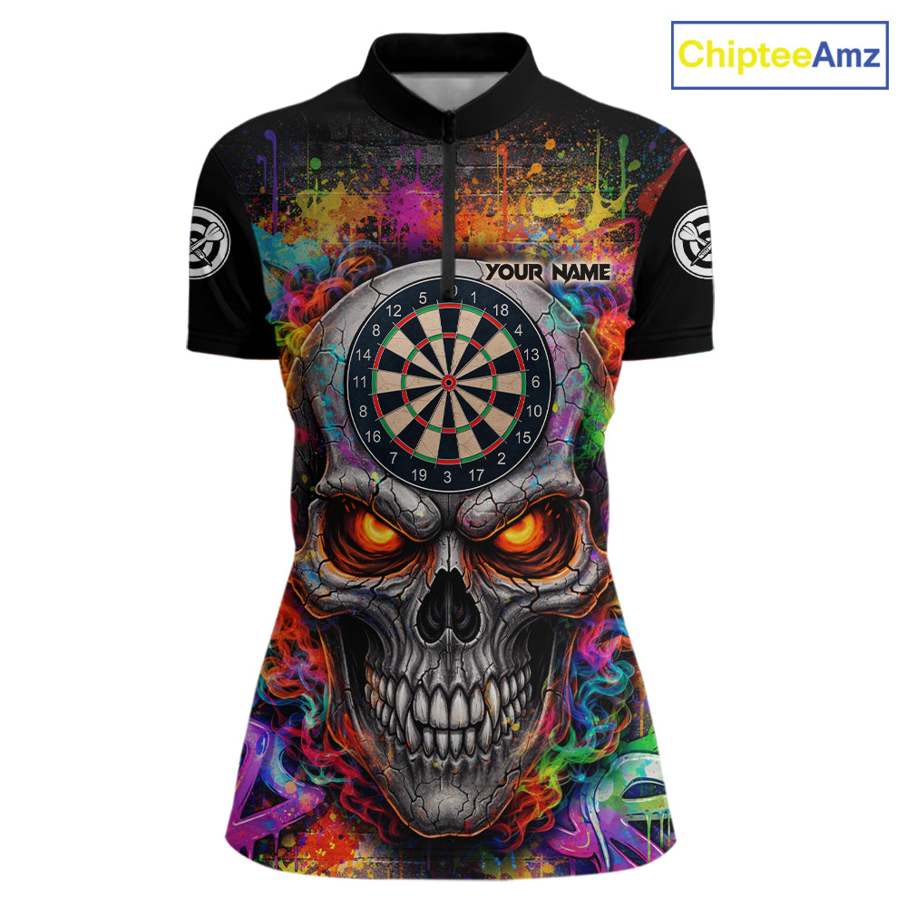 Colorful Smoke Cracked Skull Dartboard Dart 1/4-Zip Shirts For Women Custom Splatter Dart Team Shirts NYN2682