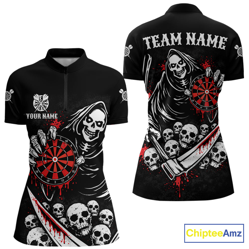 Red Dripping Grim Reaper Dartboard Skull Dart 1/4-Zip Shirts For Women Custom Name For Dart Players NYN2684