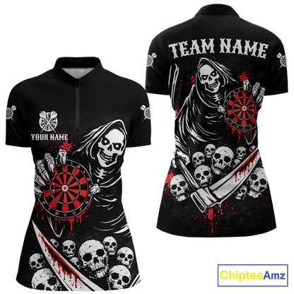 Red Dripping Grim Reaper Dartboard Skull Dart 1/4-Zip Shirts For Women Custom Name For Dart Players NYN2684