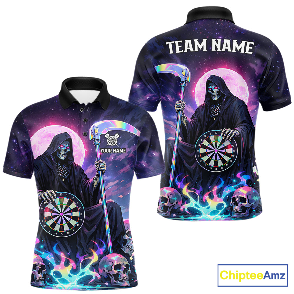 Galaxy Holographic Grim Reaper Dartboard Skull Dart Polo Shirts For Men Custom Name For Dart Players NYN2686