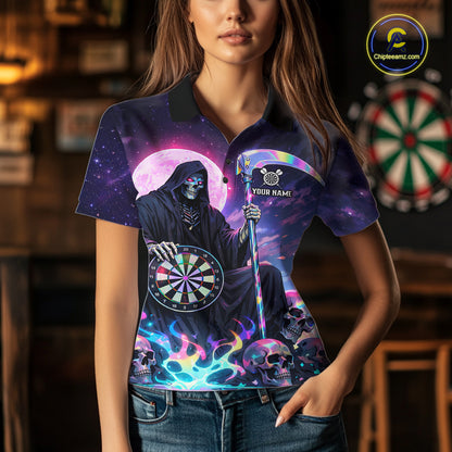 Galaxy Holographic Grim Reaper Dartboard Skull Dart Polo Shirts For Women Custom Name For Dart Players NYN2686