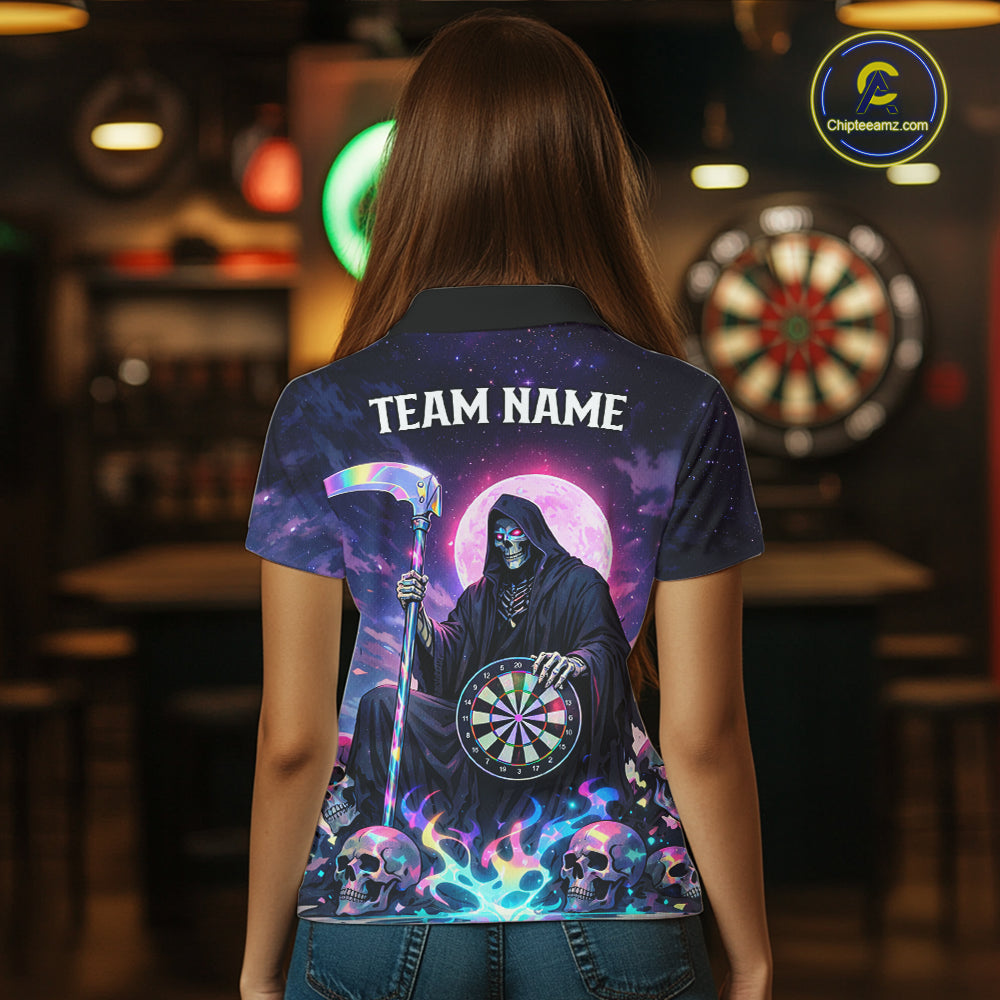 Galaxy Holographic Grim Reaper Dartboard Skull Dart Polo Shirts For Women Custom Name For Dart Players NYN2686