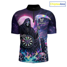 Load image into Gallery viewer, Galaxy Holographic Grim Reaper Dartboard Skull Dart 1/4-Zip Shirts For Men Custom Name For Dart Players NYN2686