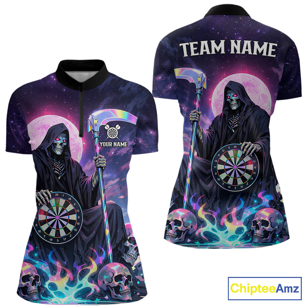 Galaxy Holographic Grim Reaper Dartboard Skull Dart 1/4-Zip Shirts For Women Custom Name For Dart Players NYN2686