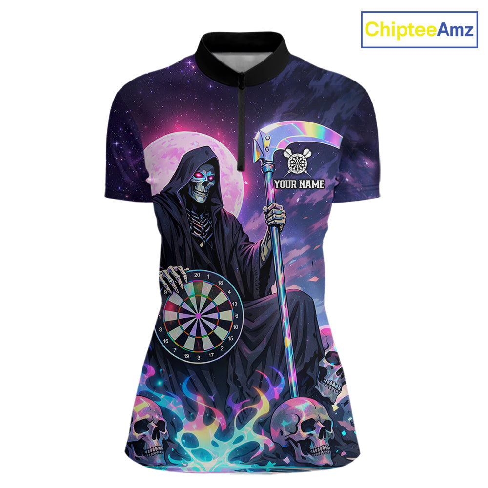 Galaxy Holographic Grim Reaper Dartboard Skull Dart 1/4-Zip Shirts For Women Custom Name For Dart Players NYN2686