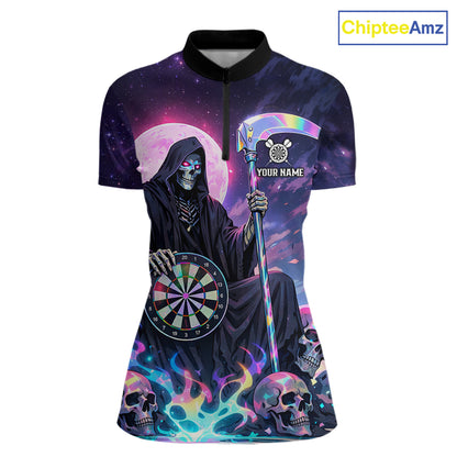 Galaxy Holographic Grim Reaper Dartboard Skull Dart 1/4-Zip Shirts For Women Custom Name For Dart Players NYN2686