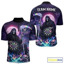 Load image into Gallery viewer, Galaxy Holographic Grim Reaper Dartboard Skull Dart 1/4-Zip Shirts For Men Custom Name For Dart Players NYN2686