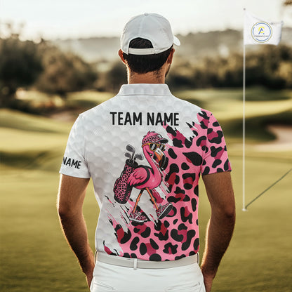 Camouflage Mens Golf Polo Shirt Custom Pink Funny Flamingo Pattern White Golf Team Shirts NYN2835