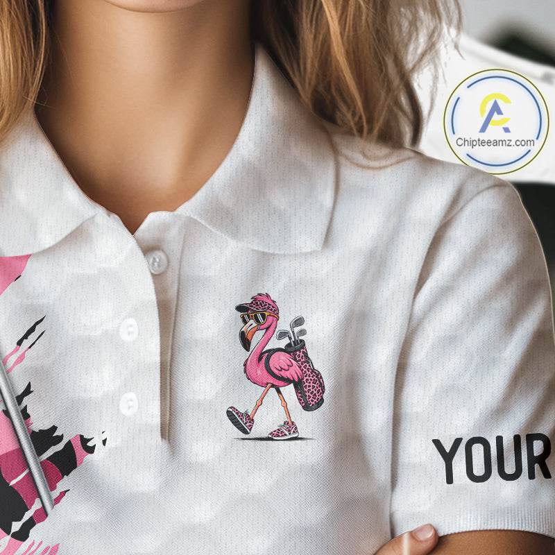 Camouflage Womens Golf Polo Shirt Custom Pink Funny Flamingo Pattern White Golf Team Shirts NYN2835