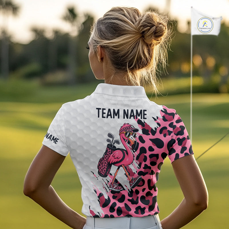 Camouflage Womens Golf Polo Shirt Custom Pink Funny Flamingo Pattern White Golf Team Shirts NYN2835