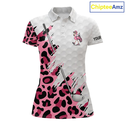 Camouflage Womens Golf Polo Shirt Custom Pink Funny Flamingo Pattern White Golf Team Shirts NYN2835
