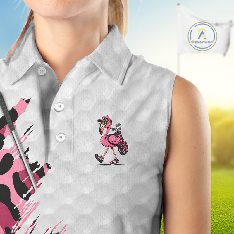 Camouflage Womens Golf Sleeveless Polo Shirt Custom Pink Funny Flamingo Pattern White Golf Team Shirts NYN2835