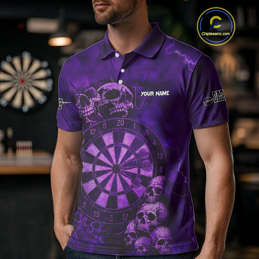 Custom Grunge Purple Dartboard Multi-Skull Dart Men Polo Shirt Dart Team Jerseys NYN1621