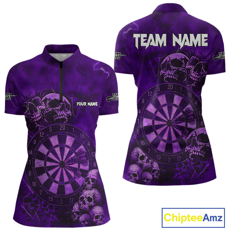 Custom Grunge Purple Dartboard Multi-Skull Dart Women Quarter-Zip Shirt Dart Team Jerseys NYN1621