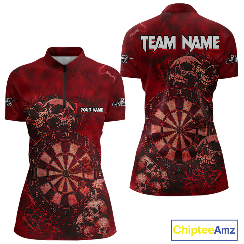Custom Grunge Red Dartboard Multi-Skull Dart Women Quarter-Zip Shirt Dart Team Jerseys NYN1622